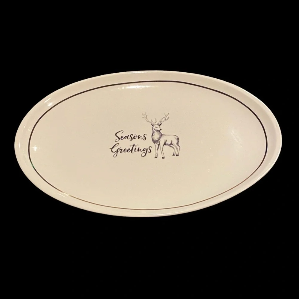 American Atelier Season's Greetings Oval Platter - White with Deer. Ceramic.
